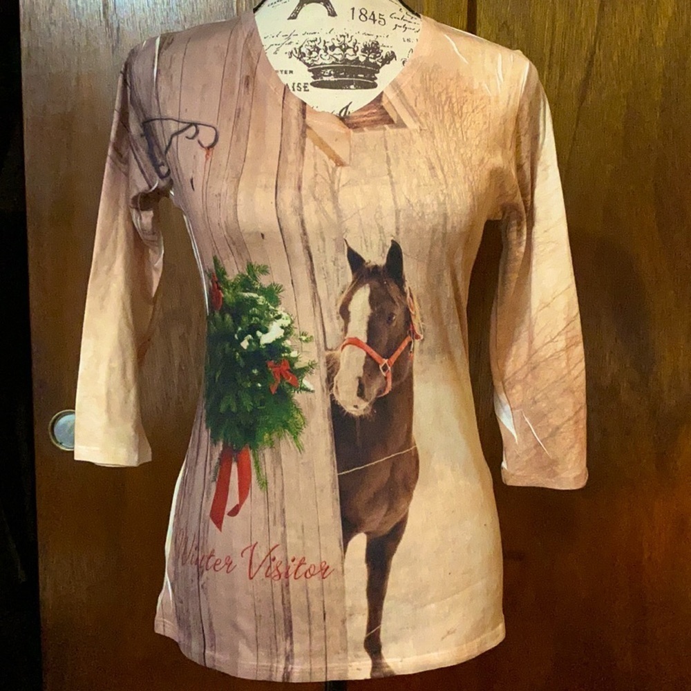 Artisans art Horse Christmas winter scene 3/4 sleeve shirt